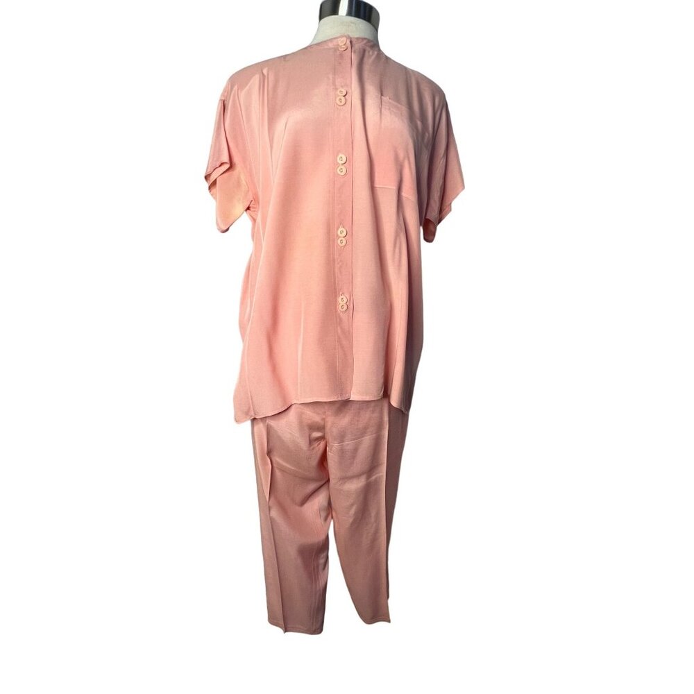 VINTG Stella USA Silk XL Pink Top/Pants Set Button Front/Back Wide Leg